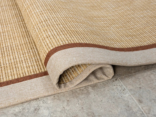 Krem Terracotta Çift Renk Kumaş Bordürlü Sisal Halı - El Yapımı, Dayanıklı, Modern Tasarım - HVHB12 - HALI VAGONU