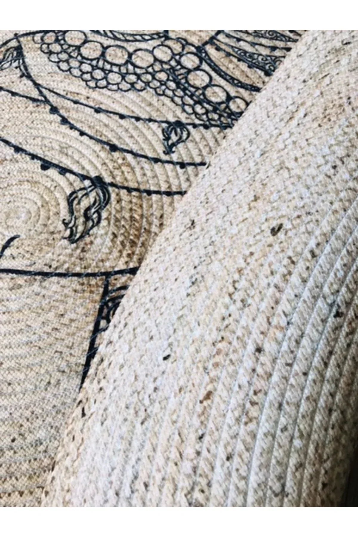 Mandala Deve Yuvarlak Jüt Örme Hasır Halı/Kilim - HALI VAGONU