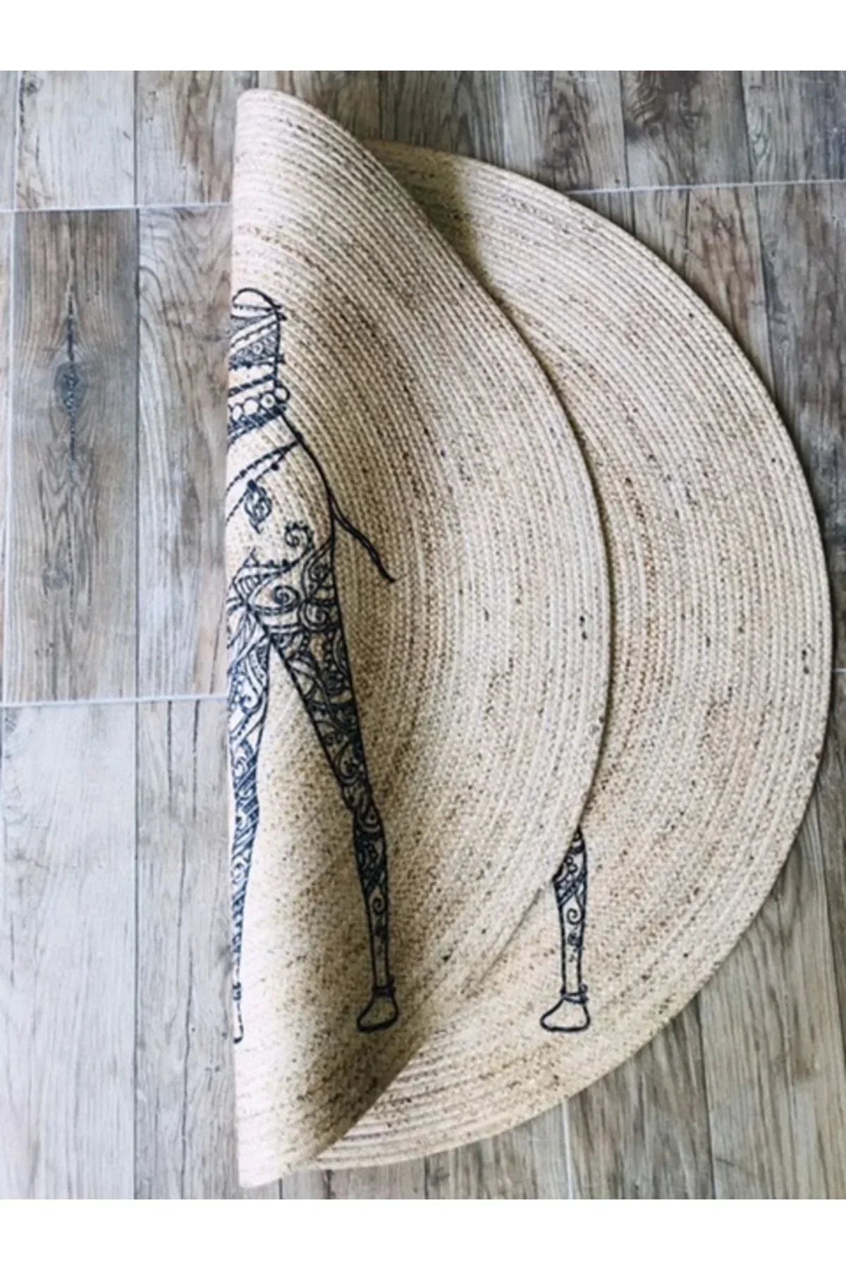 Mandala Deve Yuvarlak Jüt Örme Hasır Halı/Kilim - HALI VAGONU