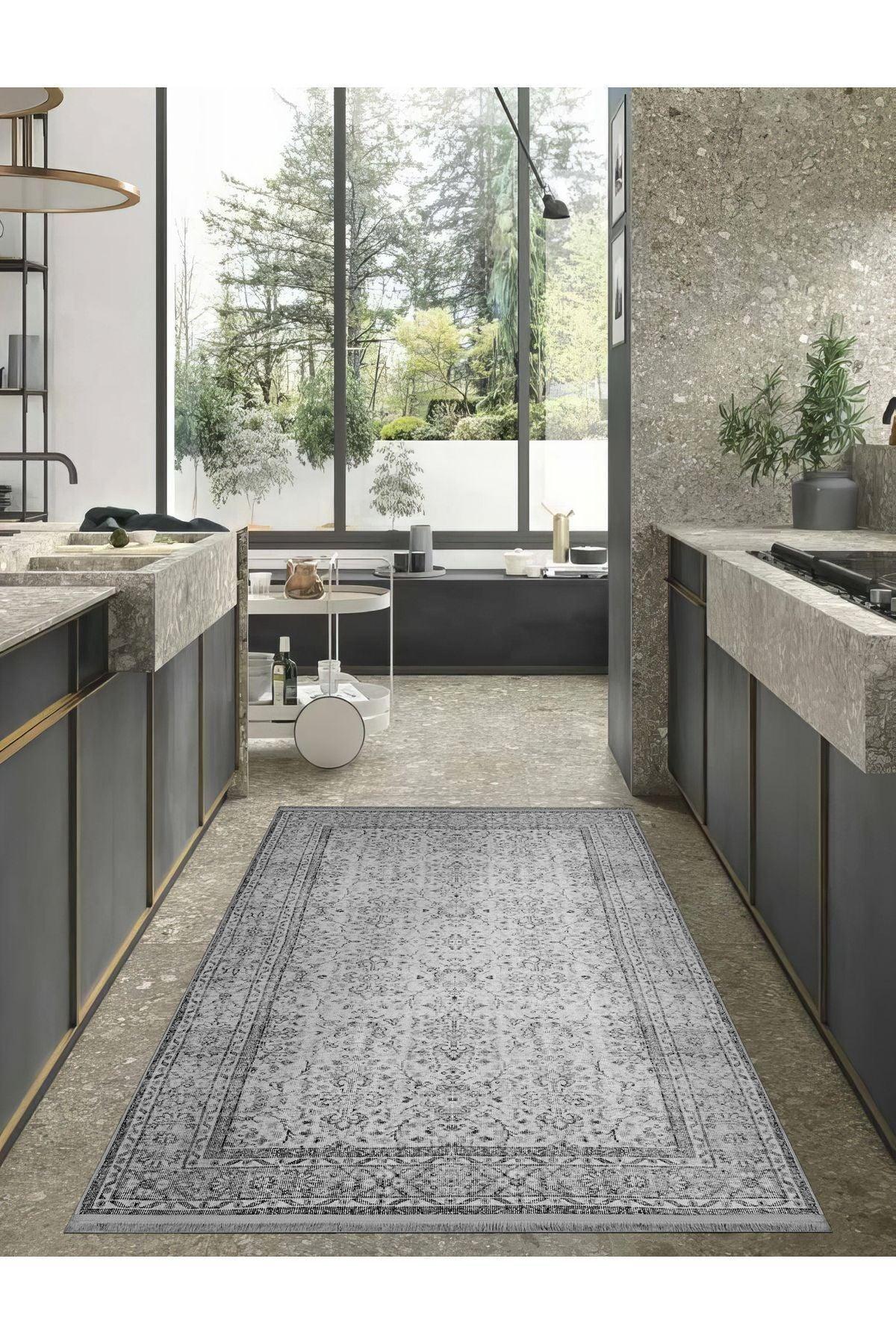 Mars 2194 Gri Antrasit Etnik Vintage Desenli Dokuma Taban Halı - HALI VAGONU