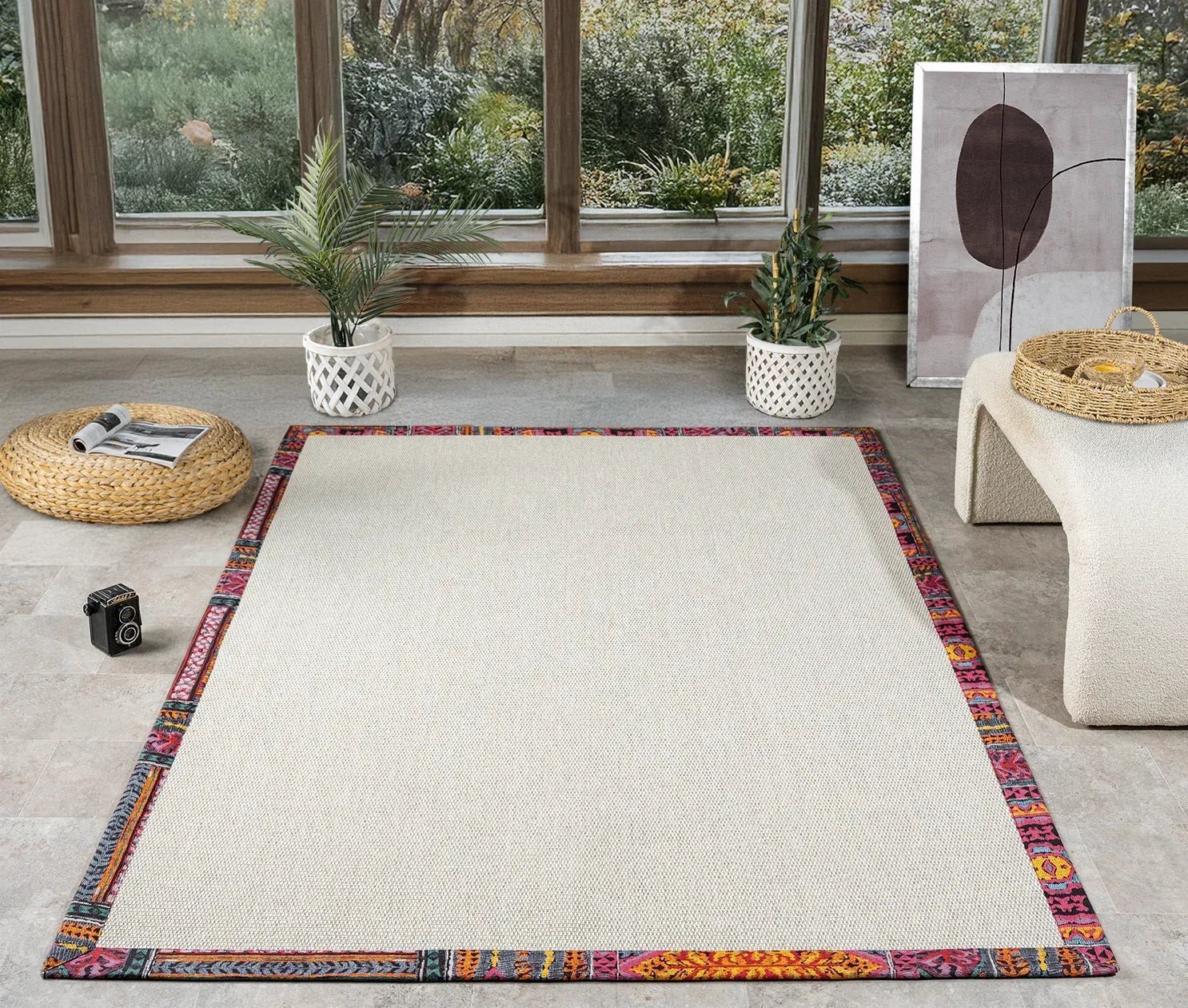 Multicolor Kumaş Bordürlü Sisal Halı, El Yapımı, Özel Ölçü ve Renkli Seçenekler - Evcil Hayvan Dostu - HVHB16 - HALI VAGONU