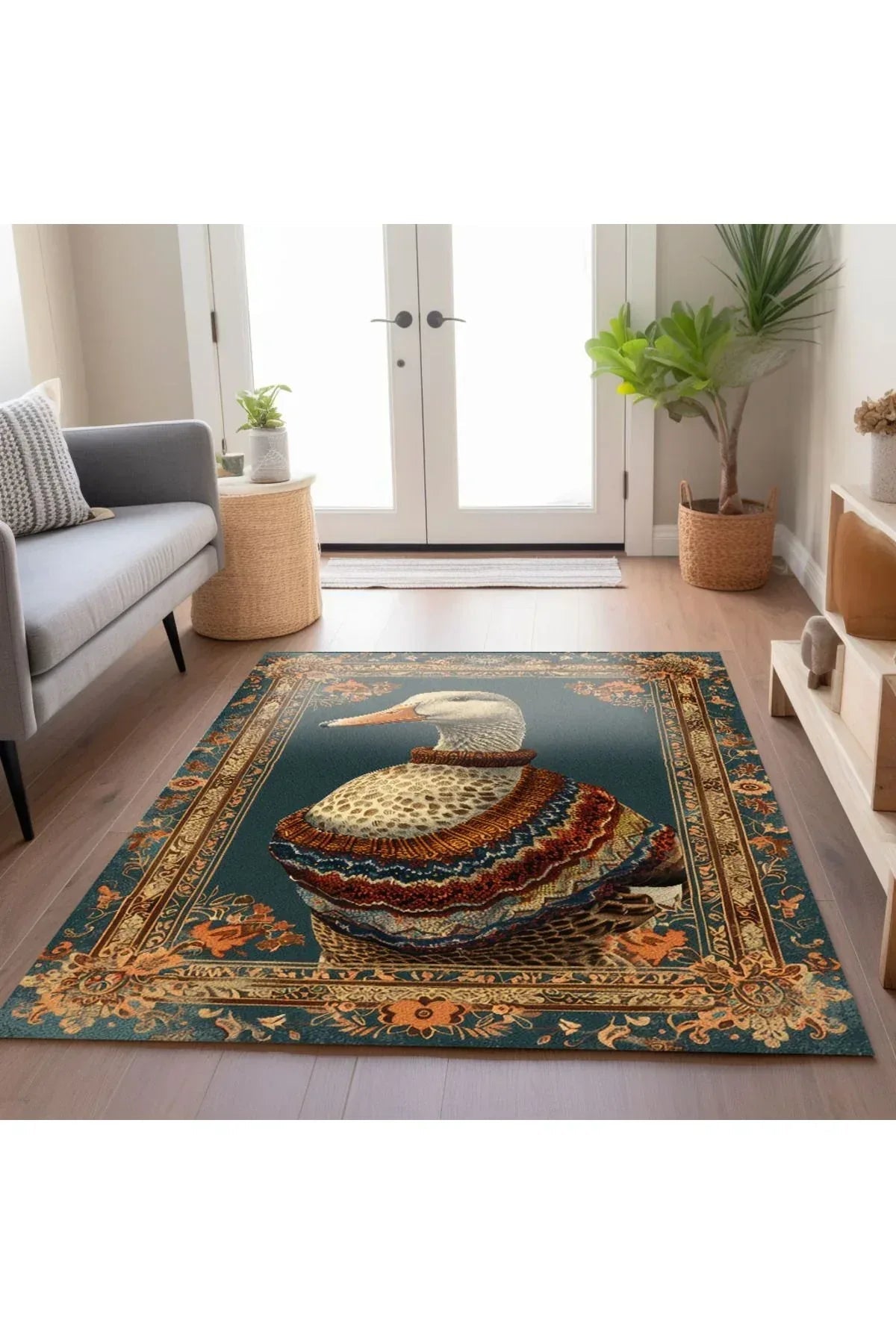 Ördek Temalı Yeşil Tonlarında Pastel Botanik Dokuma Taban Salon Halısı Çocuk Halısı HV 256 - HALI VAGONU