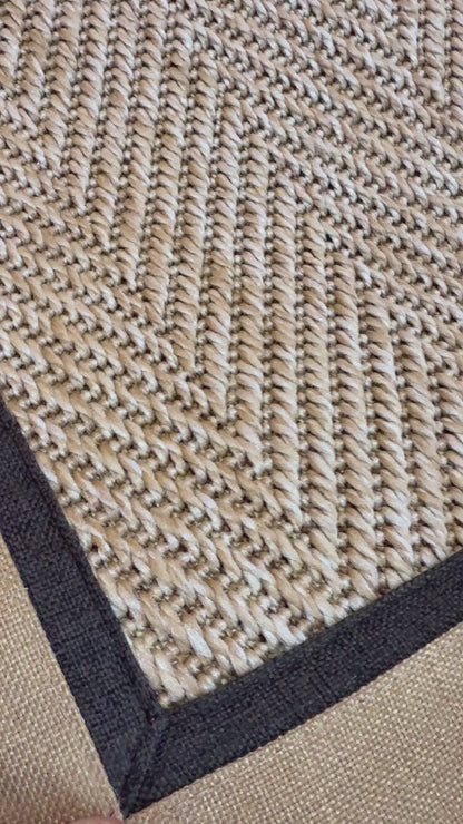 Himalaya 665 Bej Sarı Kahve Çift Renk Kumaş Bordürlü Sisal Halı - El Yapımı, Dayanıklı, Modern Tasarım - HVHB37