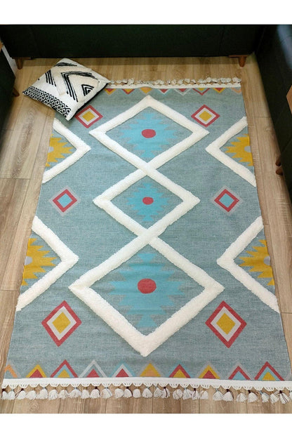 Tafting Kilim Serisi Üzeri Peluşlu Dokuma Taban Dekoratif Kilim - HALI VAGONU