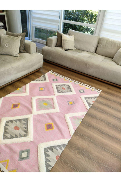 Tafting Kilim Serisi Üzeri Peluşlu Dokuma Taban Dekoratif Kilim - HALI VAGONU
