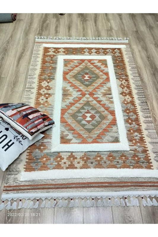 Tafting Kilim Serisi Üzeri Peluşlu Dokuma Taban Dekoratif Kilim - HALI VAGONU
