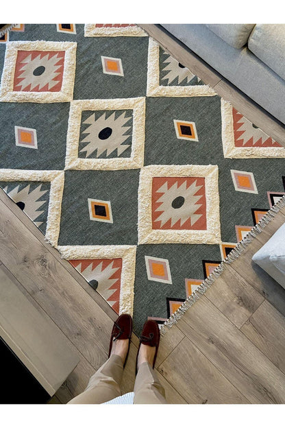 Tafting Kilim Serisi Üzeri Peluşlu Dokuma Taban Dekoratif Kilim - HALI VAGONU
