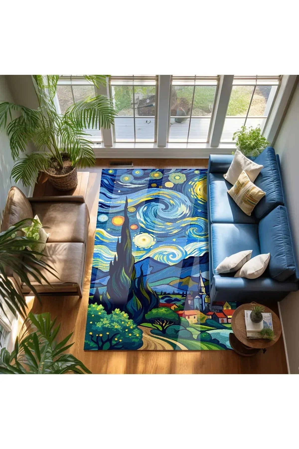van gogh yıldızlı geceler Pastel Tonlarında Dokuma Taban Salon Halısı Çocuk Halısı Halı Vagonu 259 - HALI VAGONU