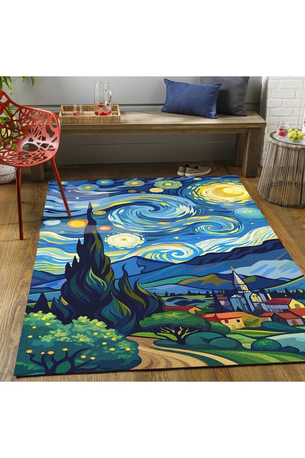 van gogh yıldızlı geceler Pastel Tonlarında Dokuma Taban Salon Halısı Çocuk Halısı Halı Vagonu 259 - HALI VAGONU