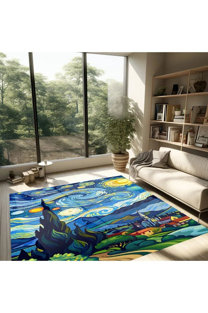 van gogh yıldızlı geceler Pastel Tonlarında Dokuma Taban Salon Halısı Çocuk Halısı Halı Vagonu 259 - HALI VAGONU