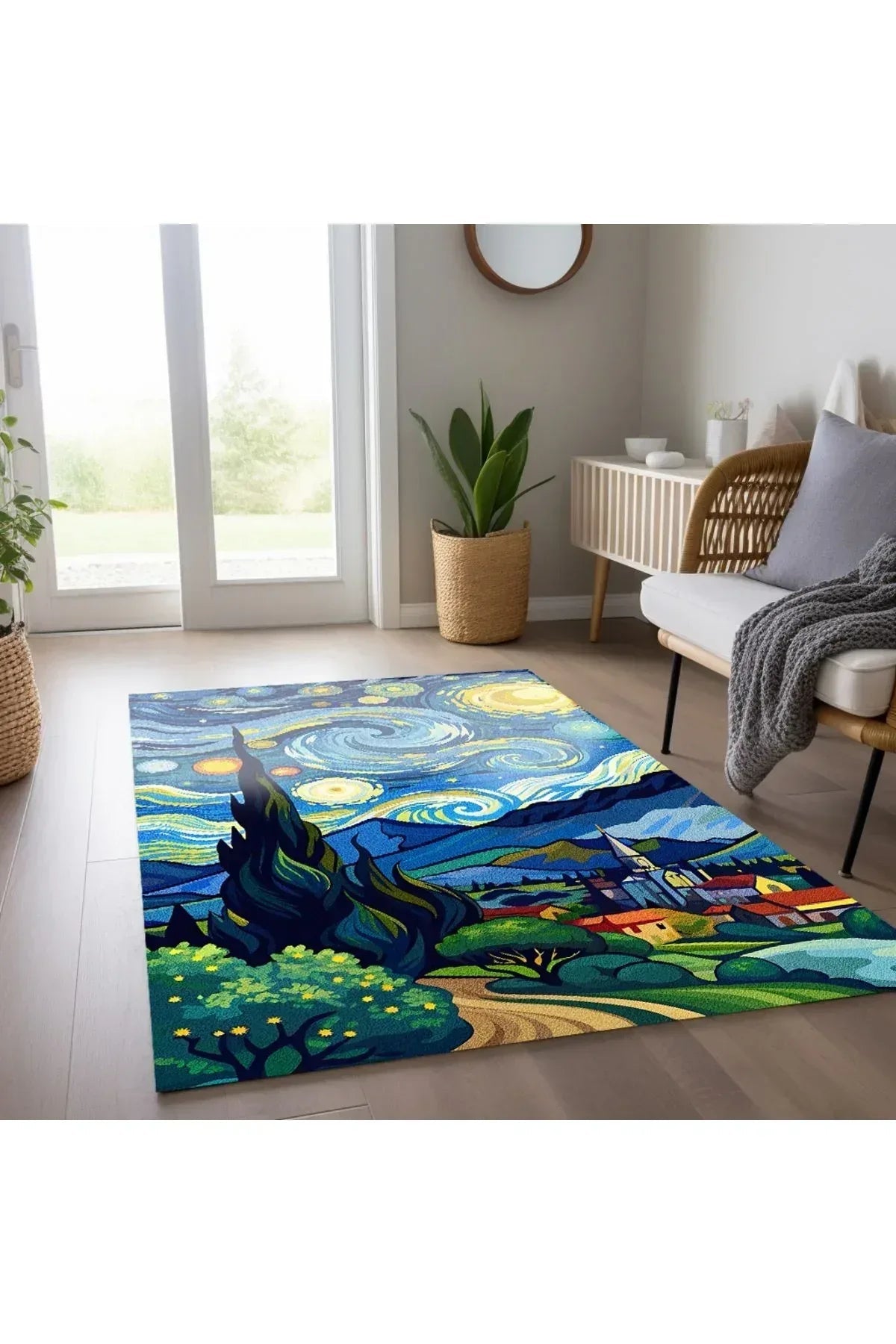 van gogh yıldızlı geceler Pastel Tonlarında Dokuma Taban Salon Halısı Çocuk Halısı Halı Vagonu 259 - HALI VAGONU