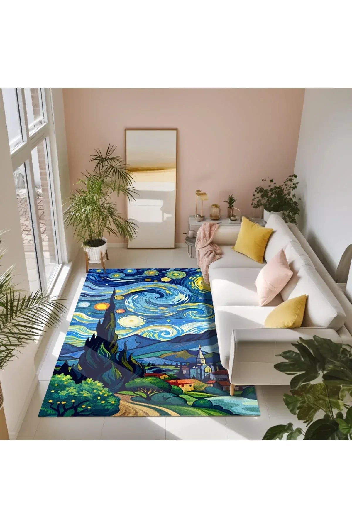 van gogh yıldızlı geceler Pastel Tonlarında Dokuma Taban Salon Halısı Çocuk Halısı Halı Vagonu 259 - HALI VAGONU