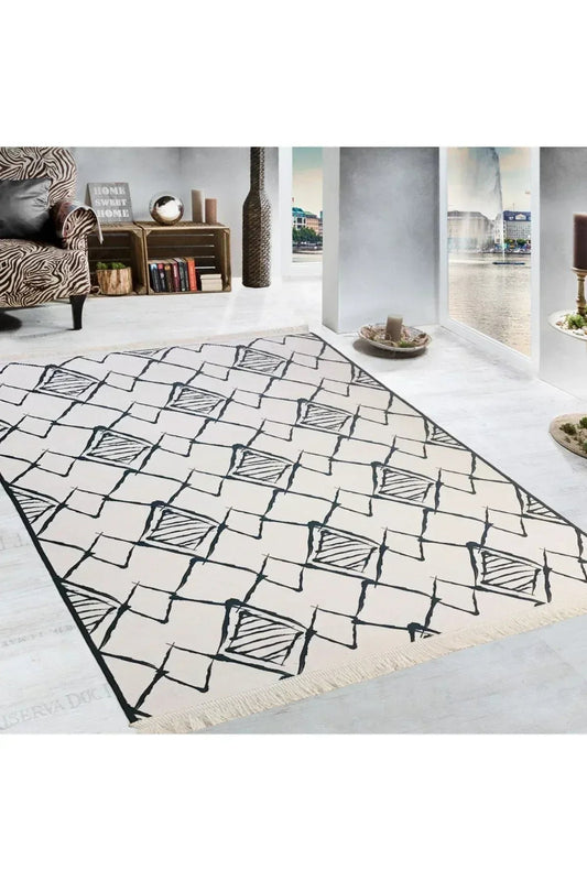 Yumuşak Dokulu Bambu Soft Kilim - İskandinav Saçaklı Dijital Baskı HV - SK - 915 - HALI VAGONU