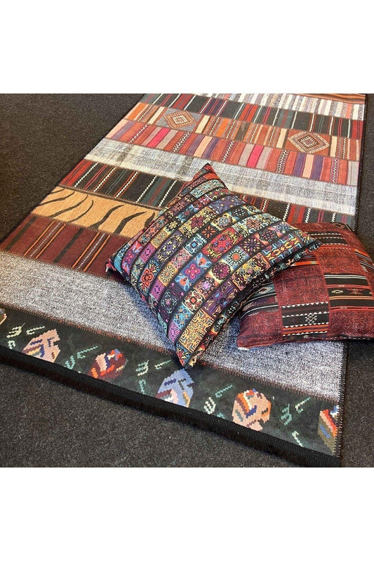 Yumuşak Dokulu Bambu Soft Kilim Patchwork Saçaklı Dijital Baskı HV - SK - K2 - HALI VAGONU