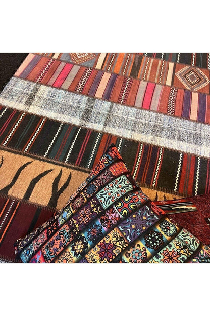 Yumuşak Dokulu Bambu Soft Kilim Patchwork Saçaklı Dijital Baskı HV - SK - K2 - HALI VAGONU