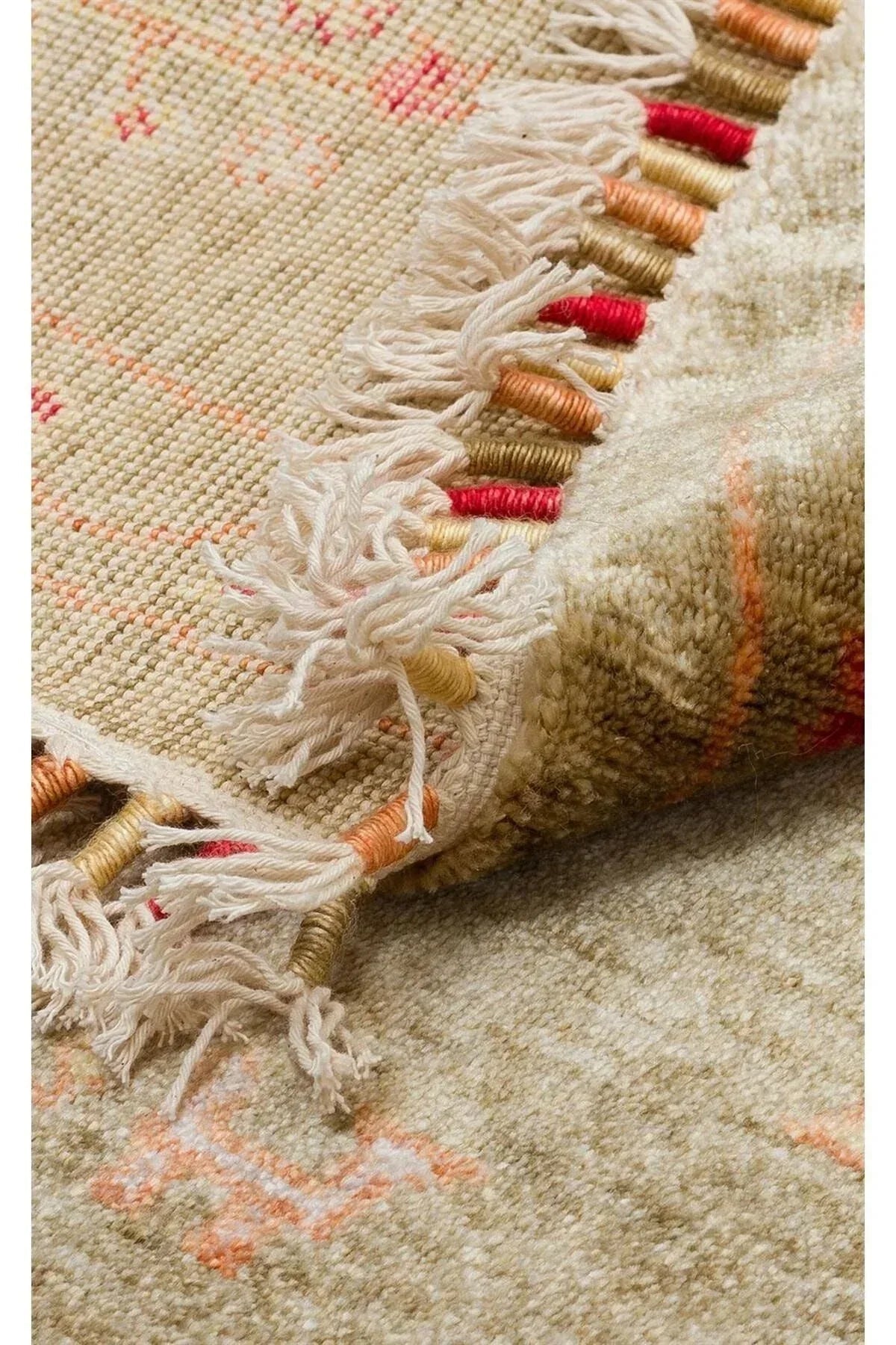 Zara ZR 08 Green Autumn Yuvarlak Otantik Desenli Özel Hav Vermeyen ve Kolay Temizlenebilir viscon Kullanılarak El Emeği ile Özel Tezg - HALI VAGONU